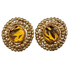 Vintage YVES SAINT LAURENT Ysl Amber Cabochon Disc Medallion Earrings