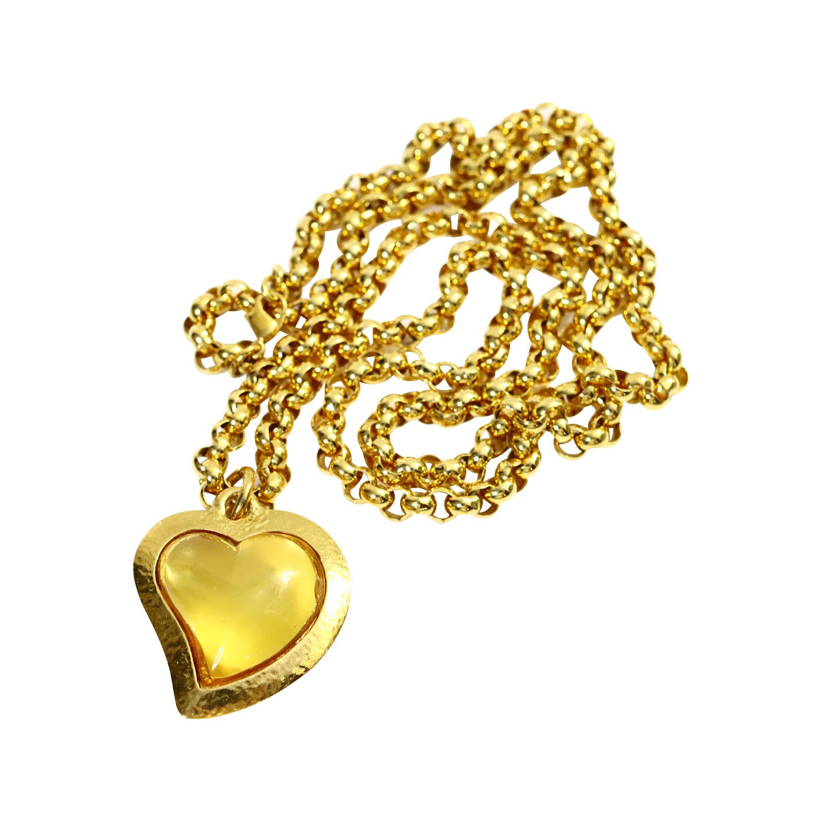 Vintage Yves Saint Laurent YSL Amber Resin Heart on Rollo Long Chain Circa 1980s For Sale 2