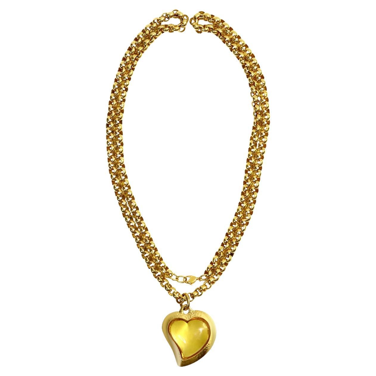 Vintage Yves Saint Laurent YSL Amber Resin Heart on Rollo Long Chain Circa 1980s For Sale 3