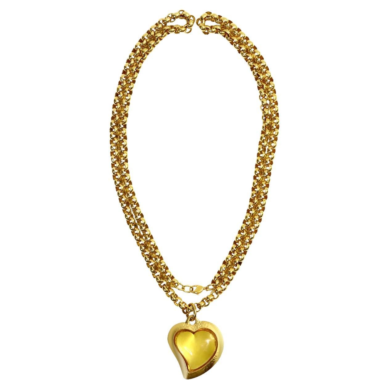 Vintage Yves Saint Laurent YSL Amber Resin Heart on Rollo Long Chain Circa 1980s 3