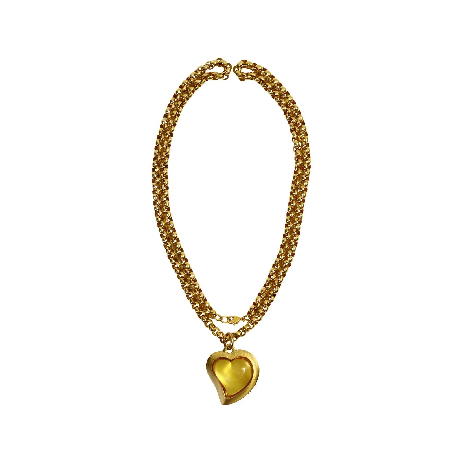 Vintage Yves Saint Laurent YSL Amber Resin Heart on Rollo Long Chain Circa 1980s For Sale 4
