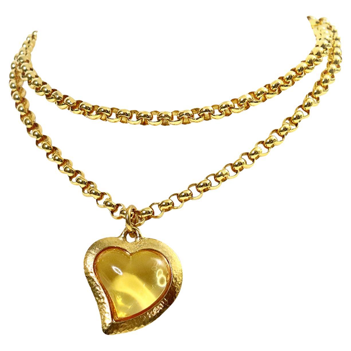 Vintage Yves Saint Laurent YSL Amber Resin Heart on Rollo Long Chain Circa 1980s For Sale