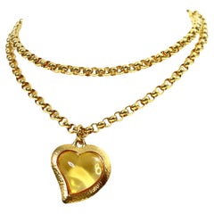 Retro Yves Saint Laurent YSL Amber Resin Heart on Rollo Long Chain Circa 1980s