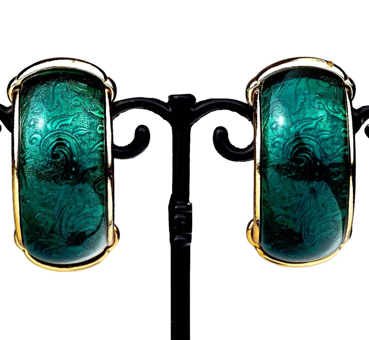 Vintage YVES SAINT LAURENT Ysl Arabesque Green Enamel Earrings In Excellent Condition For Sale In Kingersheim, Alsace