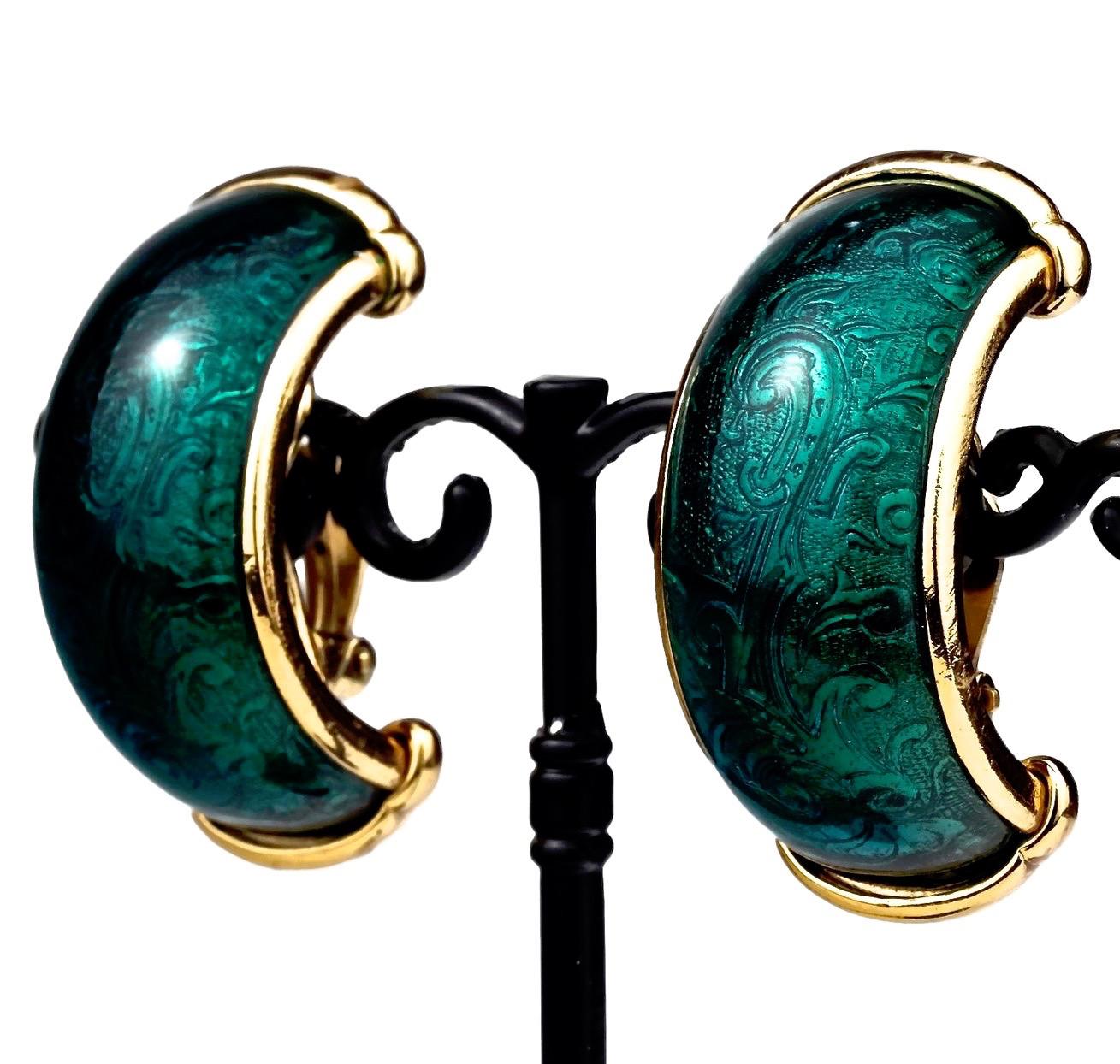 Women's Vintage YVES SAINT LAURENT Ysl Arabesque Green Enamel Earrings For Sale