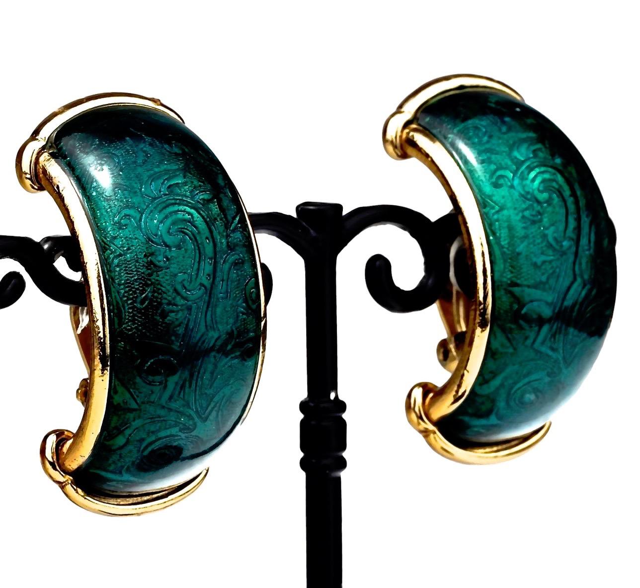 Vintage YVES SAINT LAURENT Ysl Arabesque Green Enamel Earrings For Sale 1
