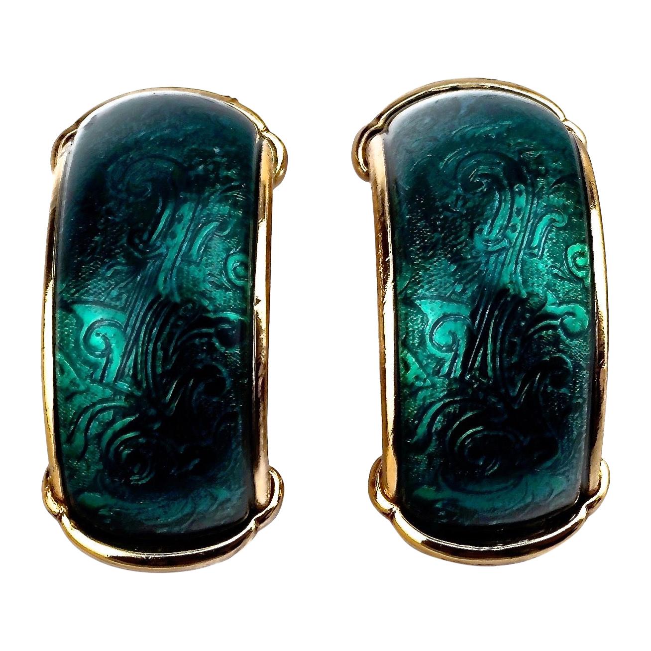 Vintage YVES SAINT LAURENT Ysl Arabesque Green Enamel Earrings For Sale