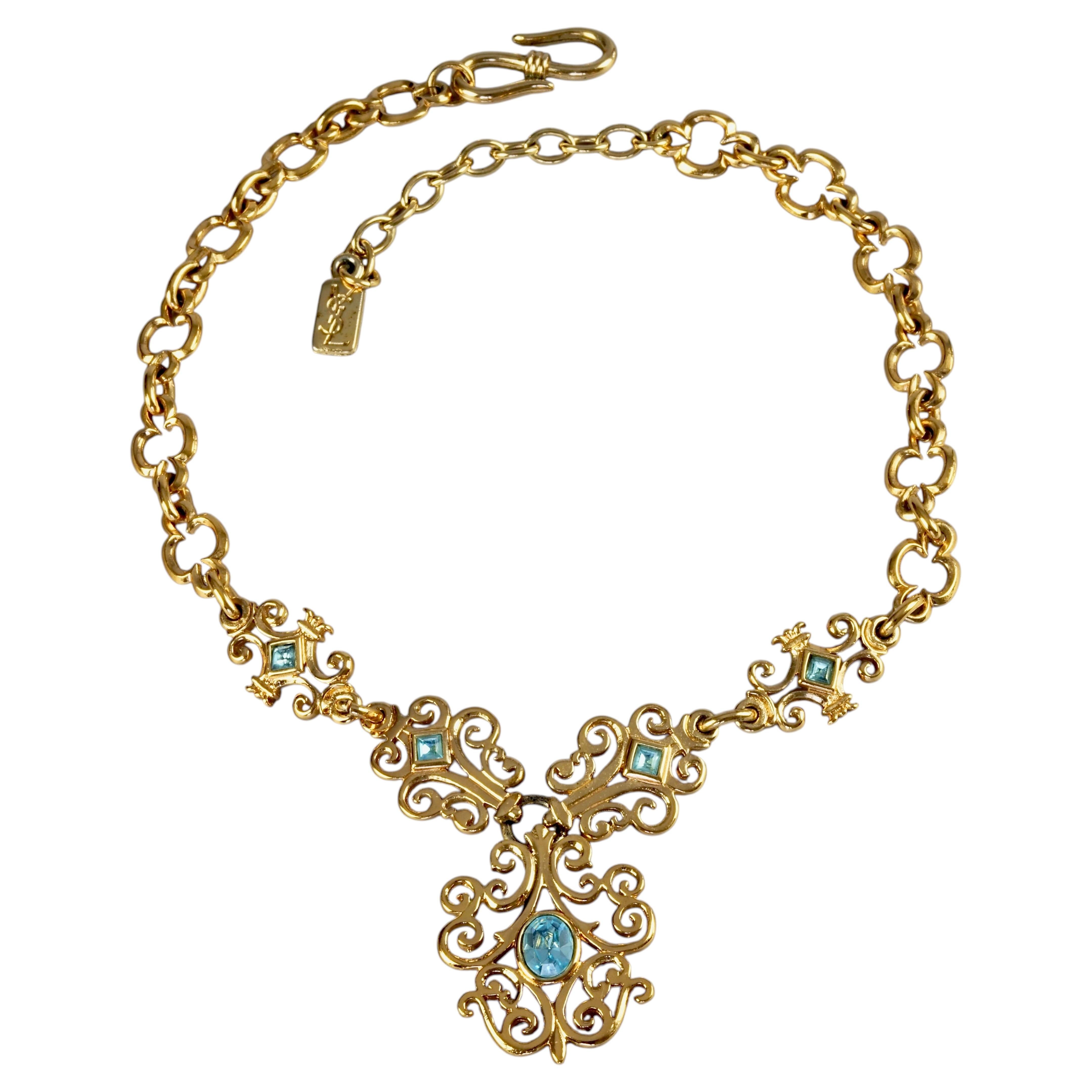 Vintage YVES SAINT LAURENT Ysl Baroque Link Blue Rhinestones Necklace