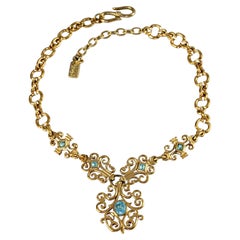 Collier vintage Yves Saint Laurent YSL « Baroque Link » bleu à strass