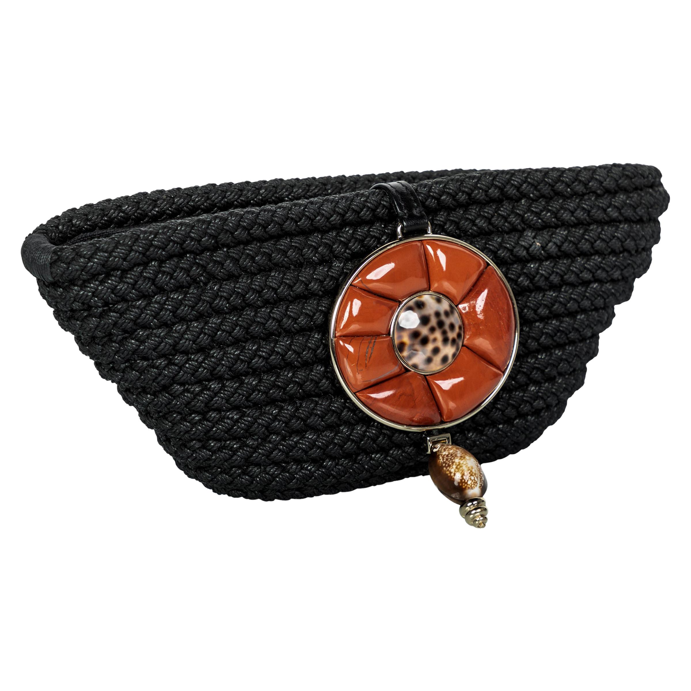 Vintage Yves Saint Laurent YSL Black Braided Rope Coral Shell Clutch Bag
