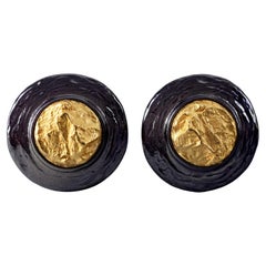 Vintage YVES SAINT LAURENT Ysl Black Enamel Textured Gold Nugget Disc Earrings