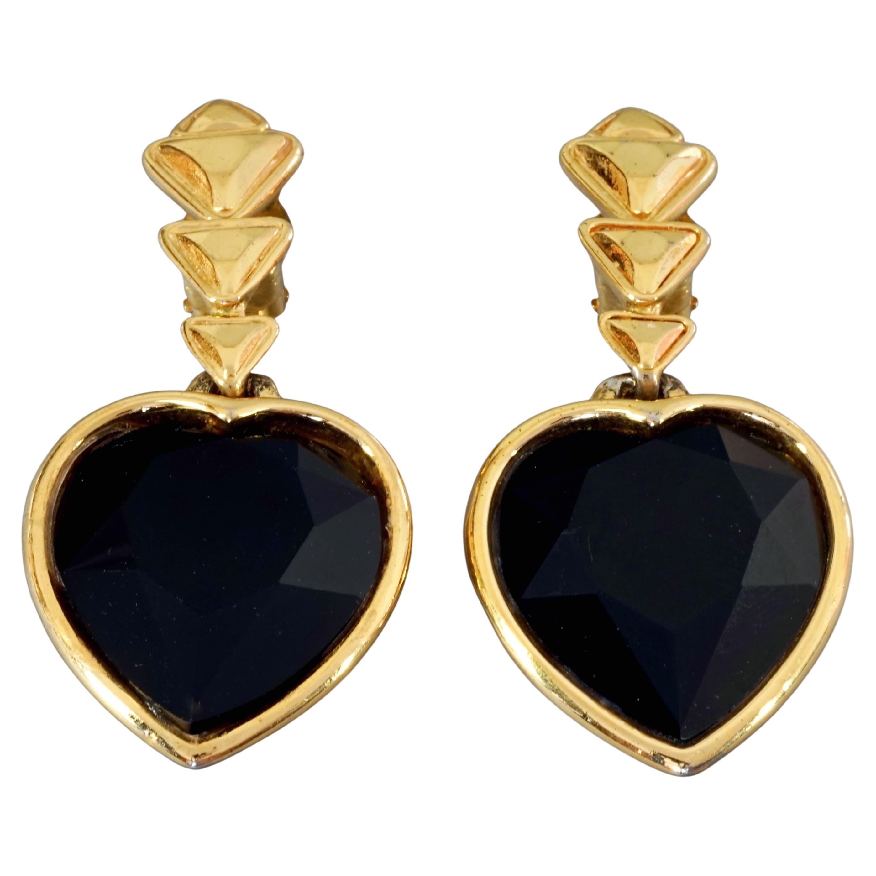 Vintage YVES SAINT LAURENT Ysl Black Heart Faceted Rhinestone Dangling Earrings For Sale