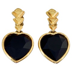 Vintage YVES SAINT LAURENT Ysl Black Heart Faceted Rhinestone Dangling Earrings