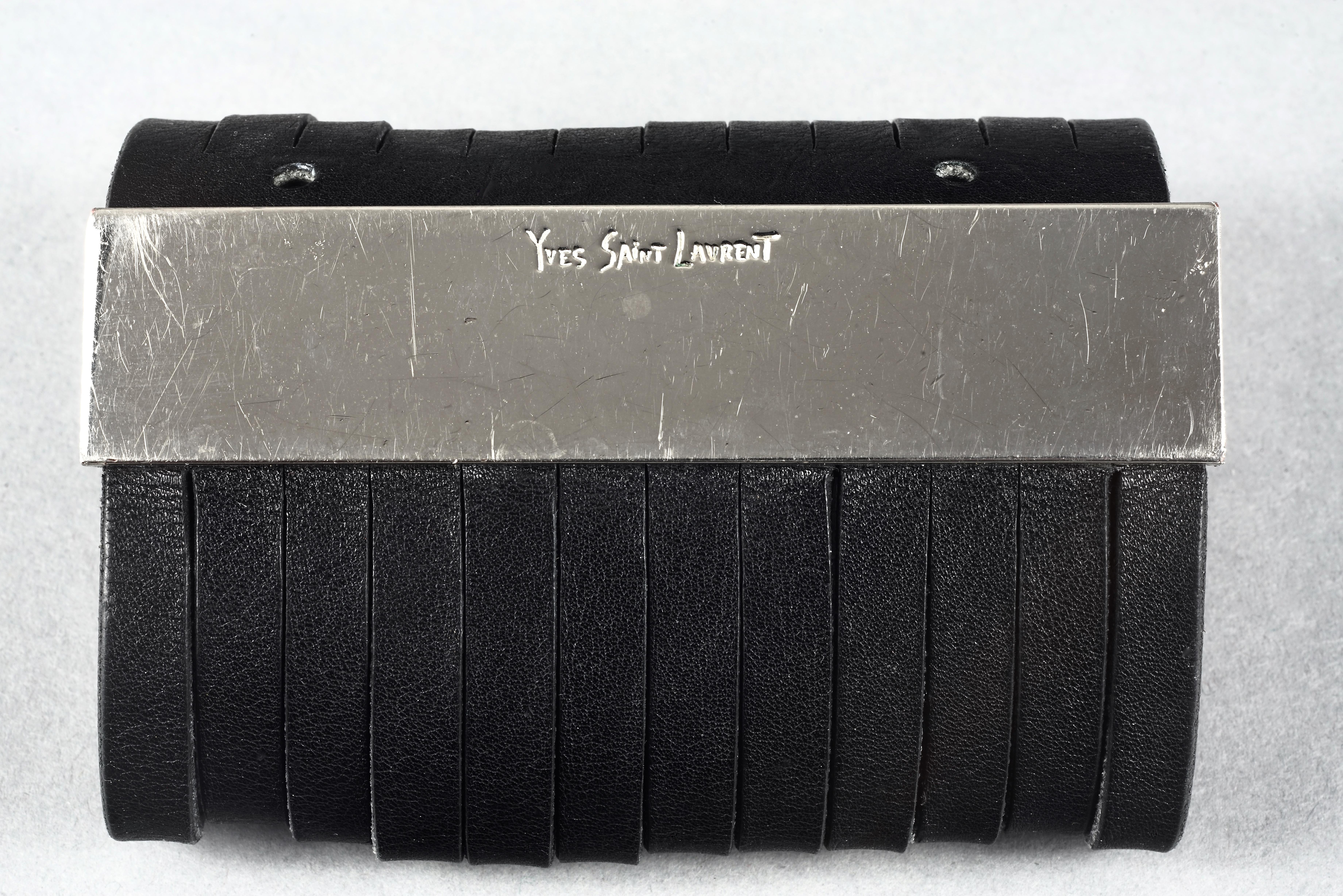Vintage YVES SAINT LAURENT Ysl Black Multi Leather Strip Wide Cuff Bracelet 1