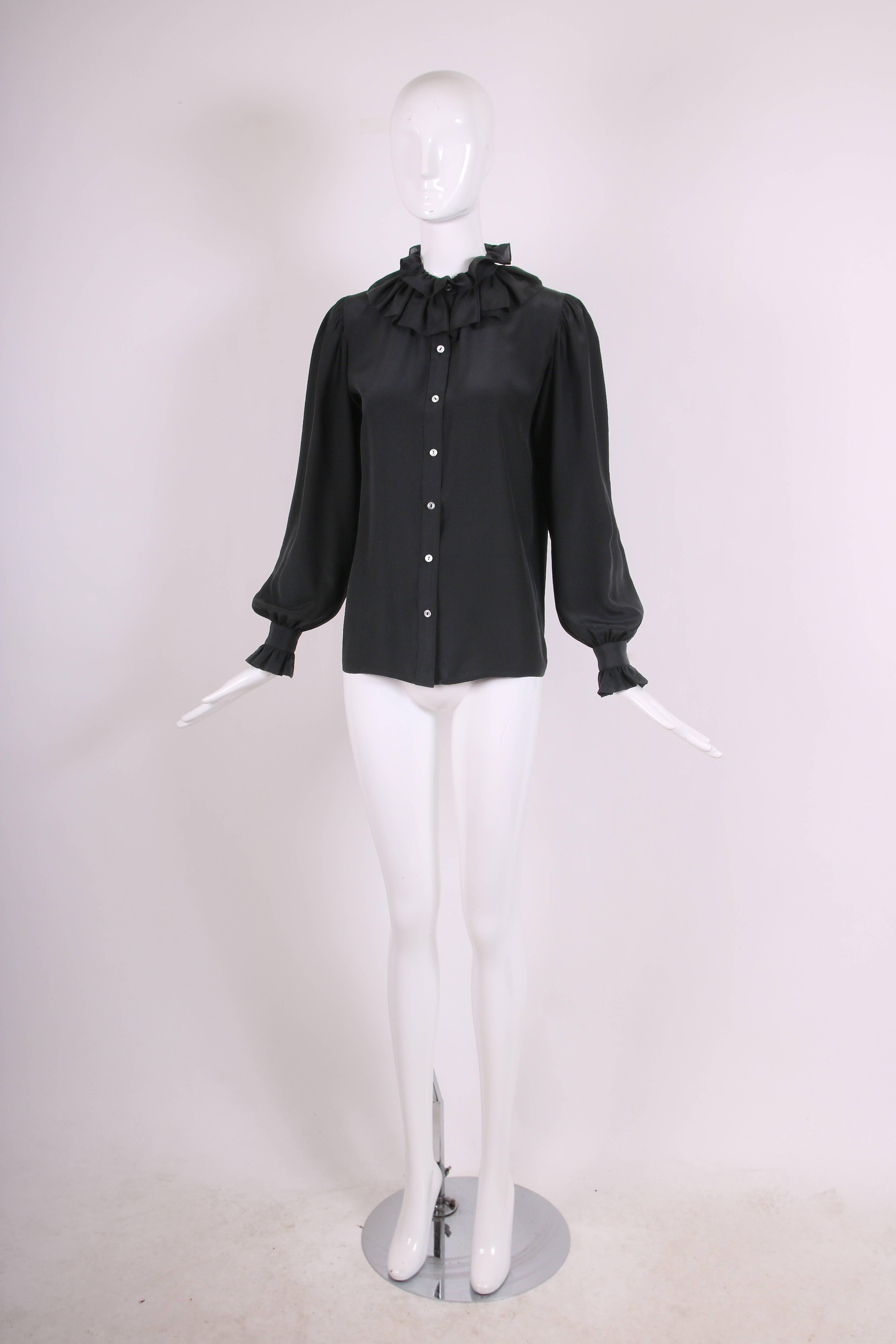 Yves Saint Laurent YSL Vintage Black Silk Blouse with Ruffled Trim In Excellent Condition In Studio City, CA