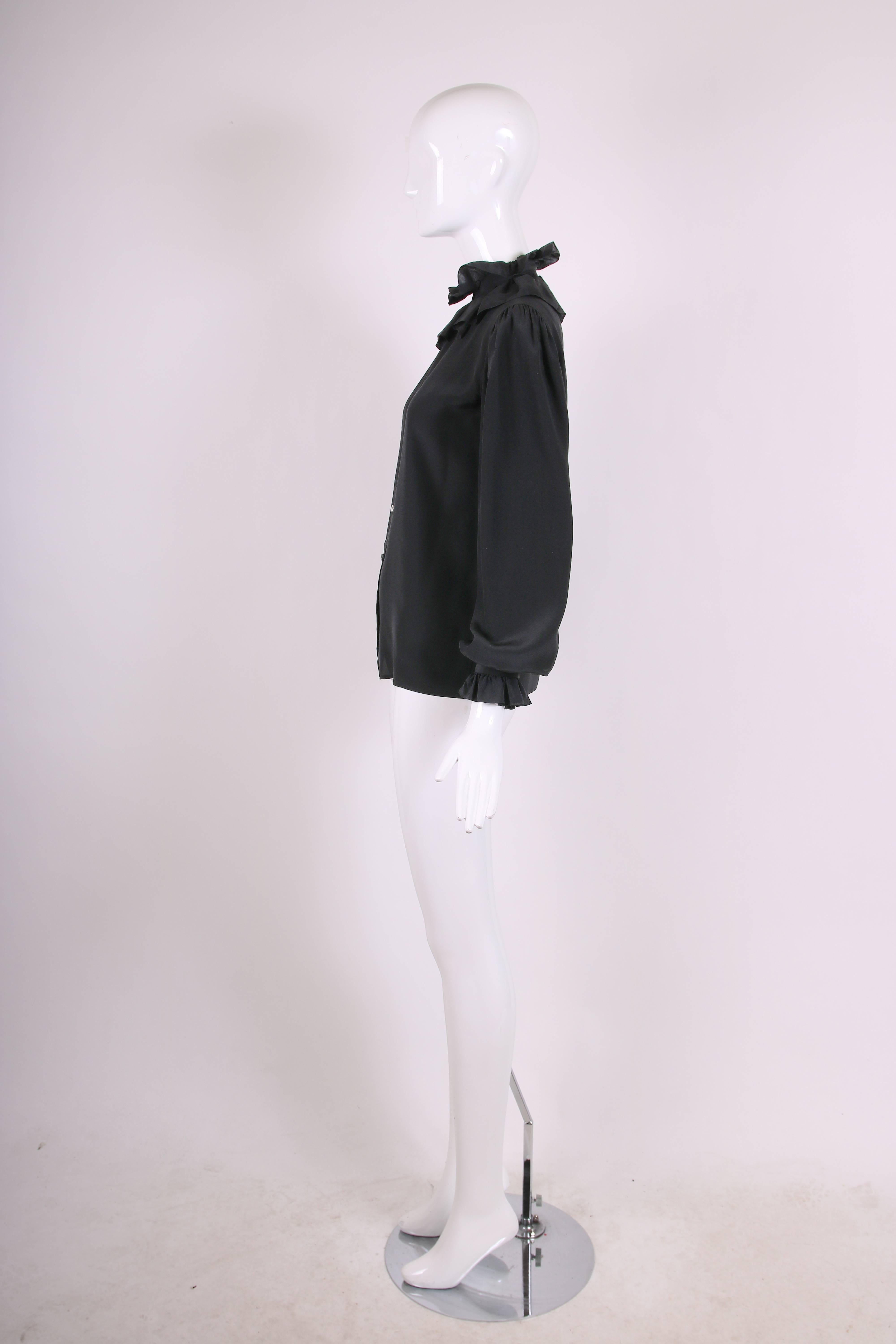 Women's Yves Saint Laurent YSL Vintage Black Silk Blouse with Ruffled Trim