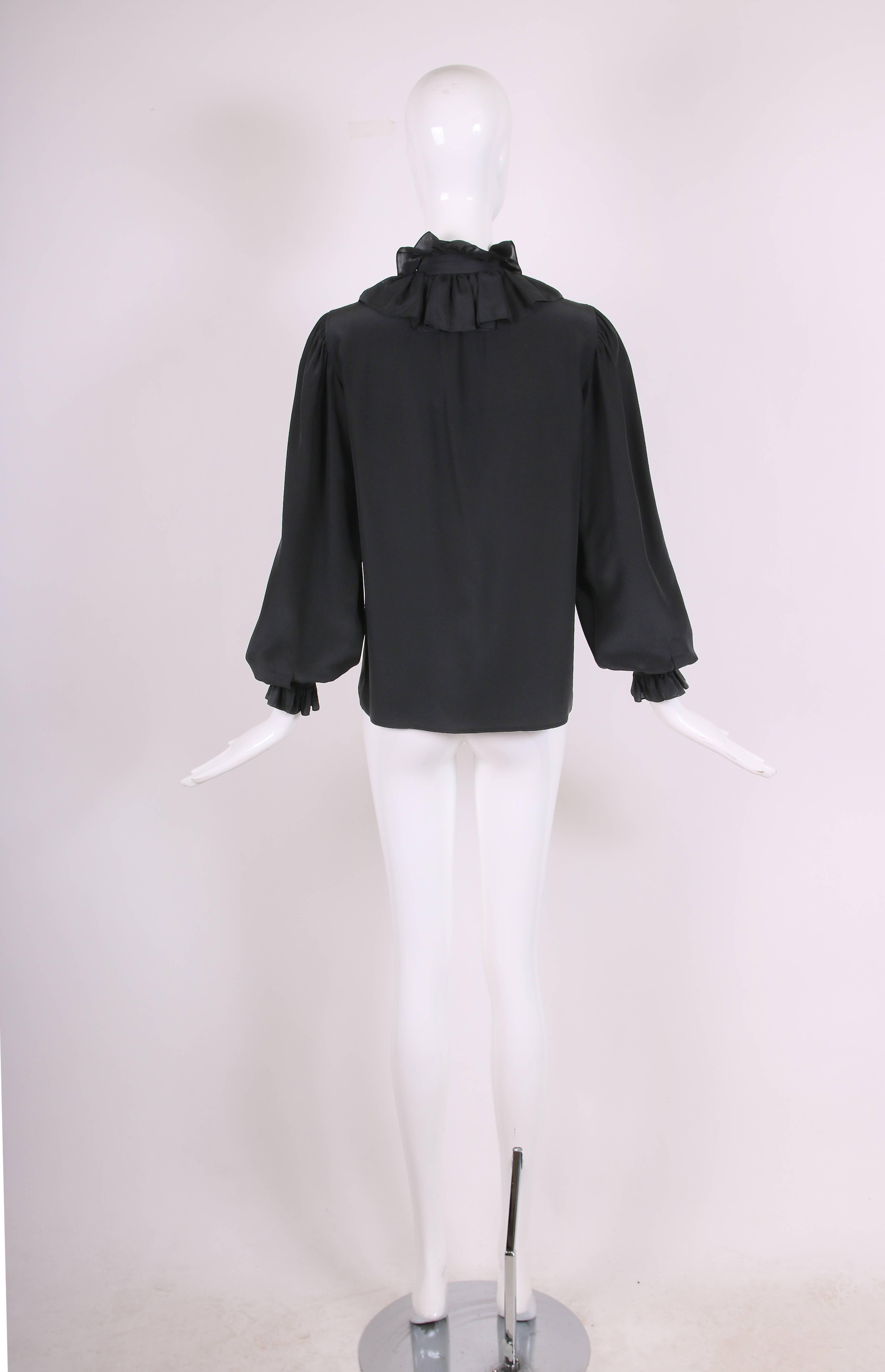 Yves Saint Laurent YSL Vintage Black Silk Blouse with Ruffled Trim 1