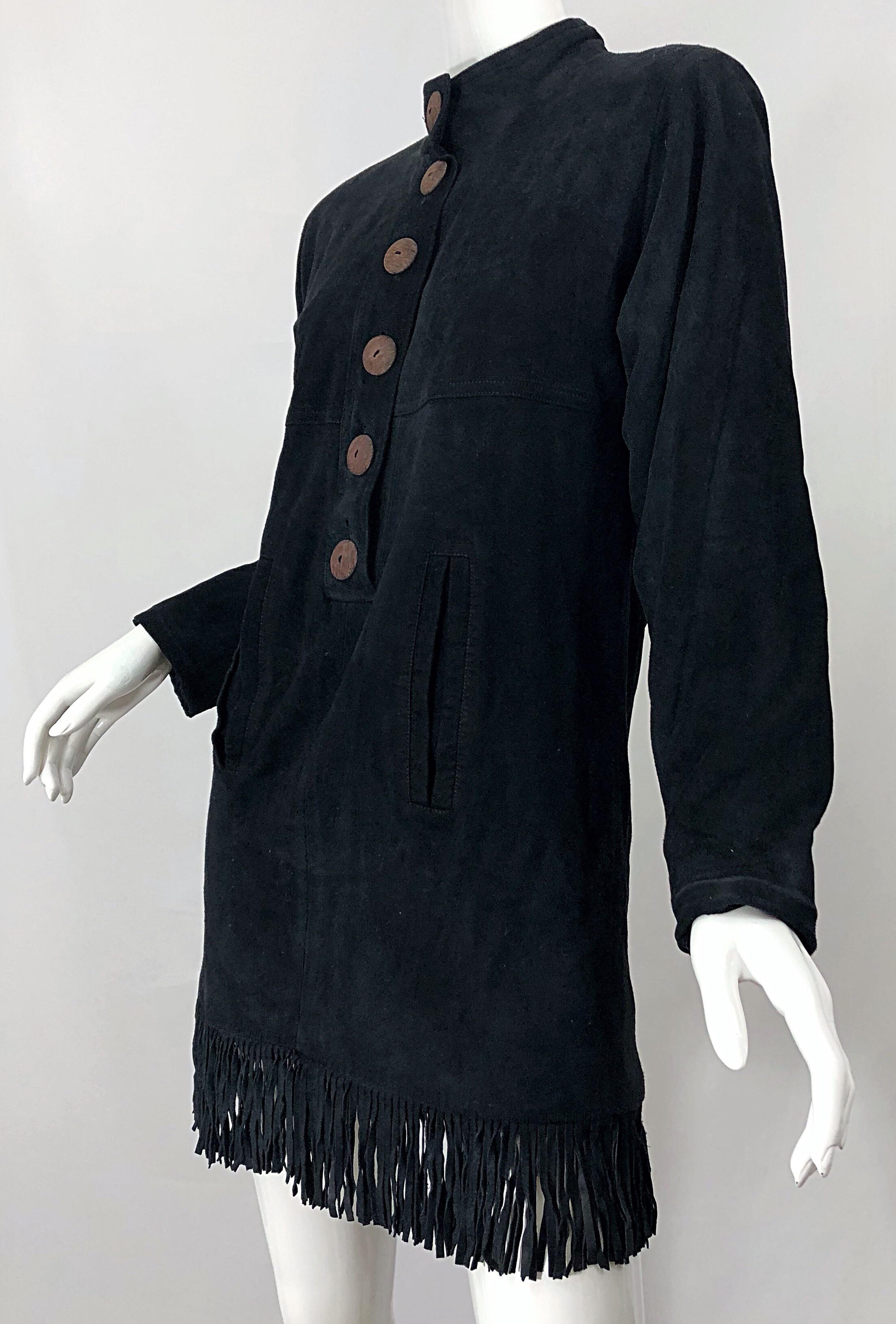 Vintage 90s Yves Saint Laurent YSL Black Suede Leather Fringe Nehru Tunic Dress For Sale 3
