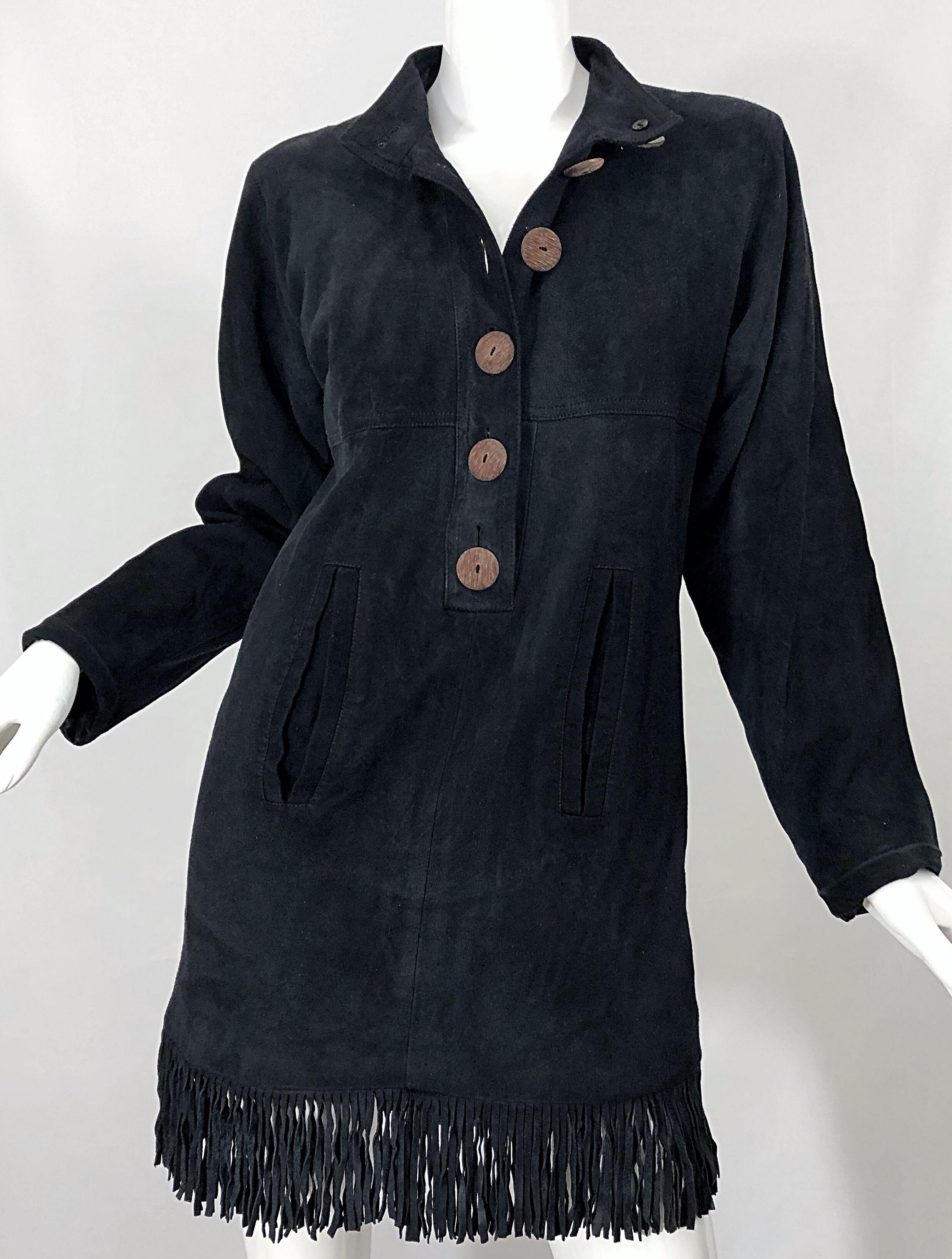 Vintage 90s Yves Saint Laurent YSL Black Suede Leather Fringe Nehru Tunic Dress For Sale 4
