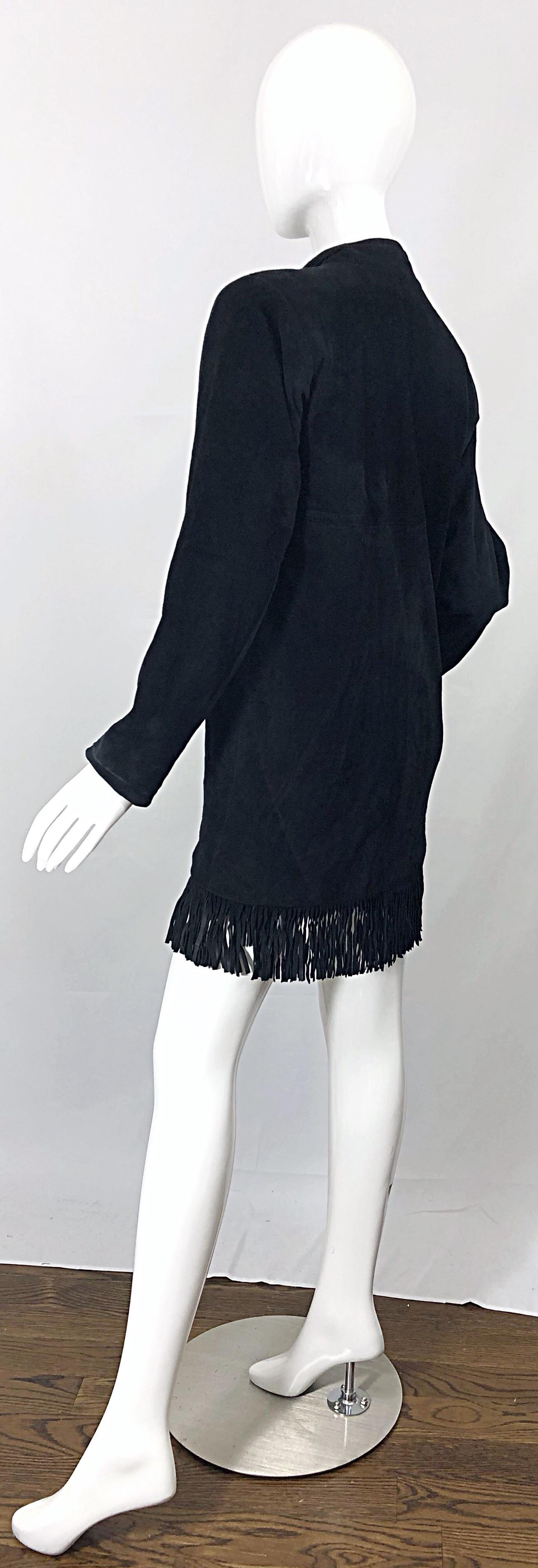Vintage 90s Yves Saint Laurent YSL Black Suede Leather Fringe Nehru Tunic Dress For Sale 5