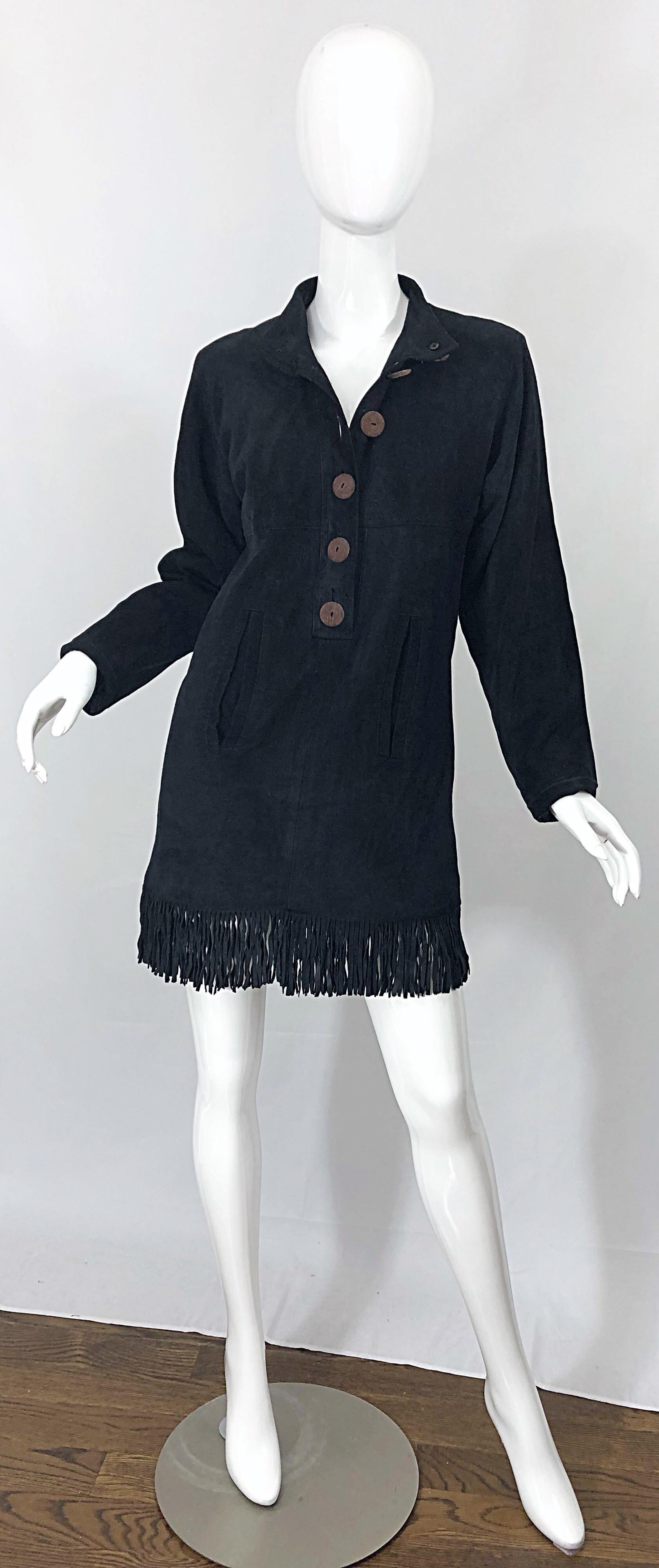 Vintage 90s Yves Saint Laurent YSL Black Suede Leather Fringe Nehru Tunic Dress For Sale 6