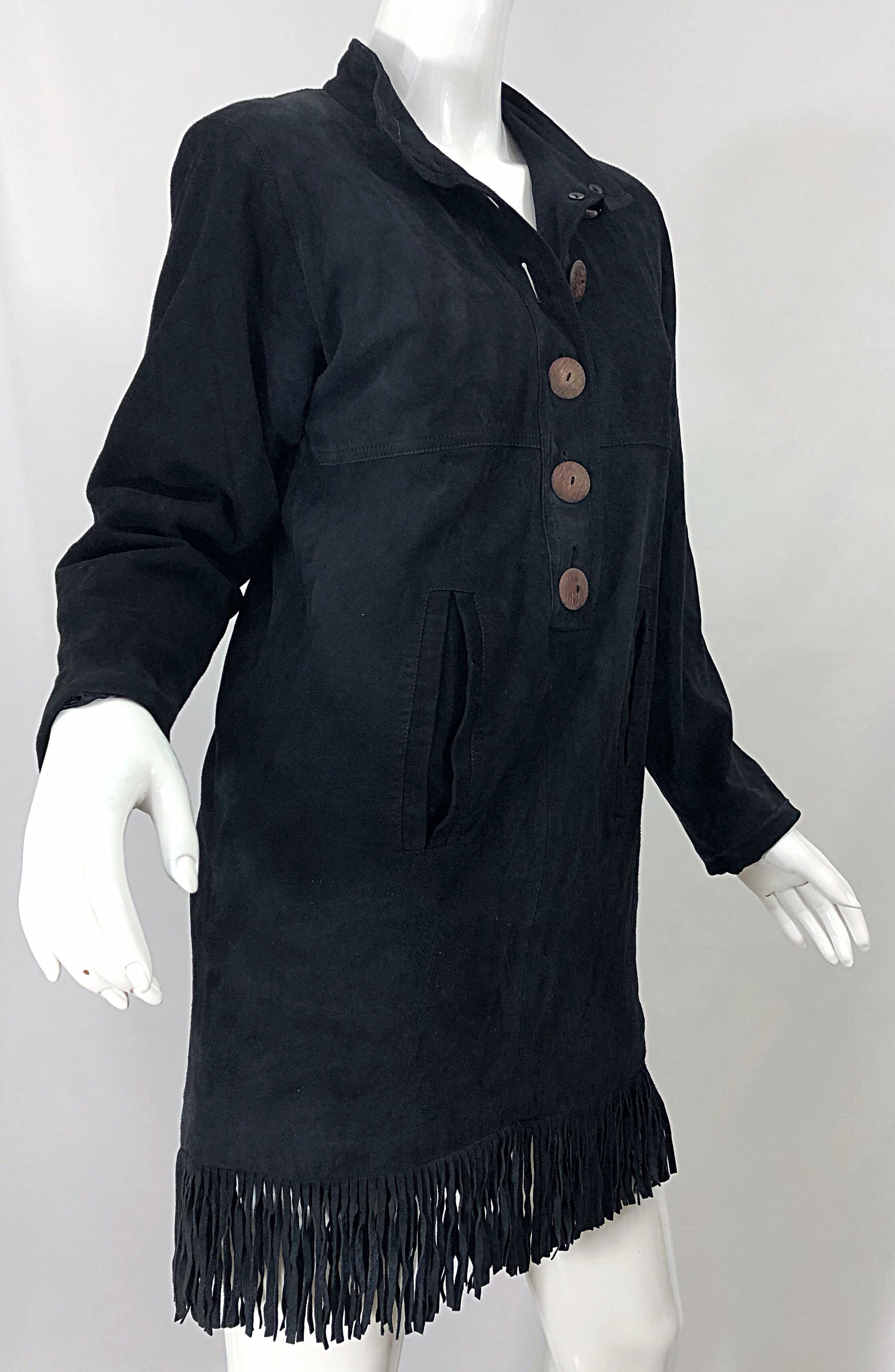 Vintage 90s Yves Saint Laurent YSL Black Suede Leather Fringe Nehru Tunic Dress For Sale 7