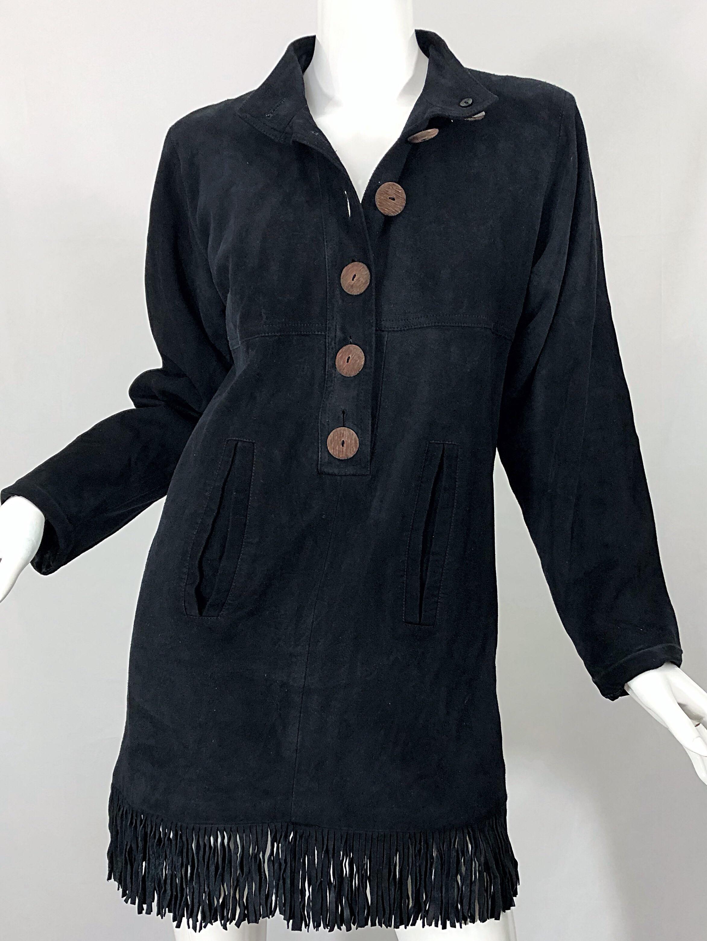 Vintage 90s Yves Saint Laurent YSL Black Suede Leather Fringe Nehru Tunic Dress For Sale 8