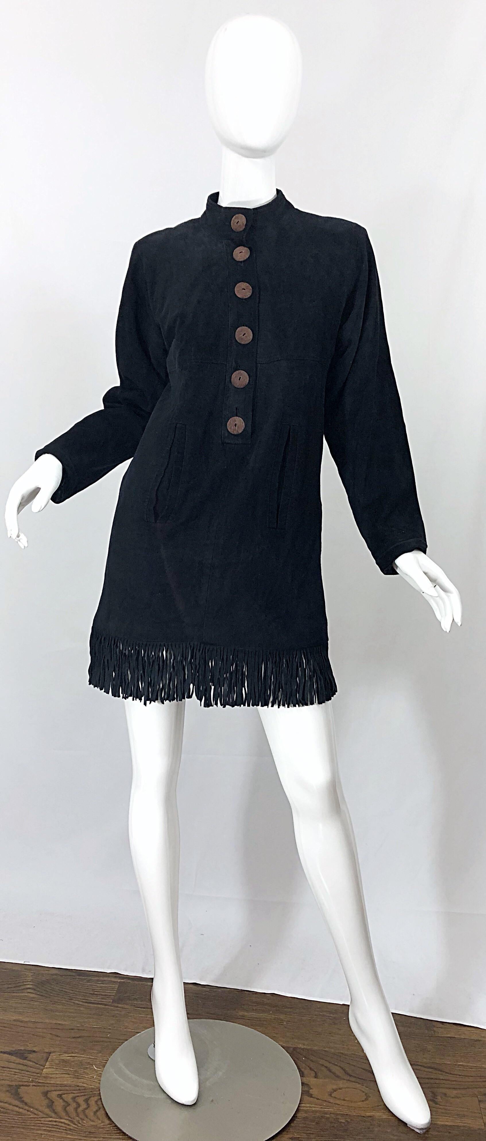 Vintage 90s Yves Saint Laurent YSL Black Suede Leather Fringe Nehru Tunic Dress For Sale 9
