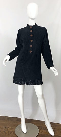 Vintage 90s Yves Saint Laurent YSL Black Suede Leather Fringe Nehru Tunic Dress