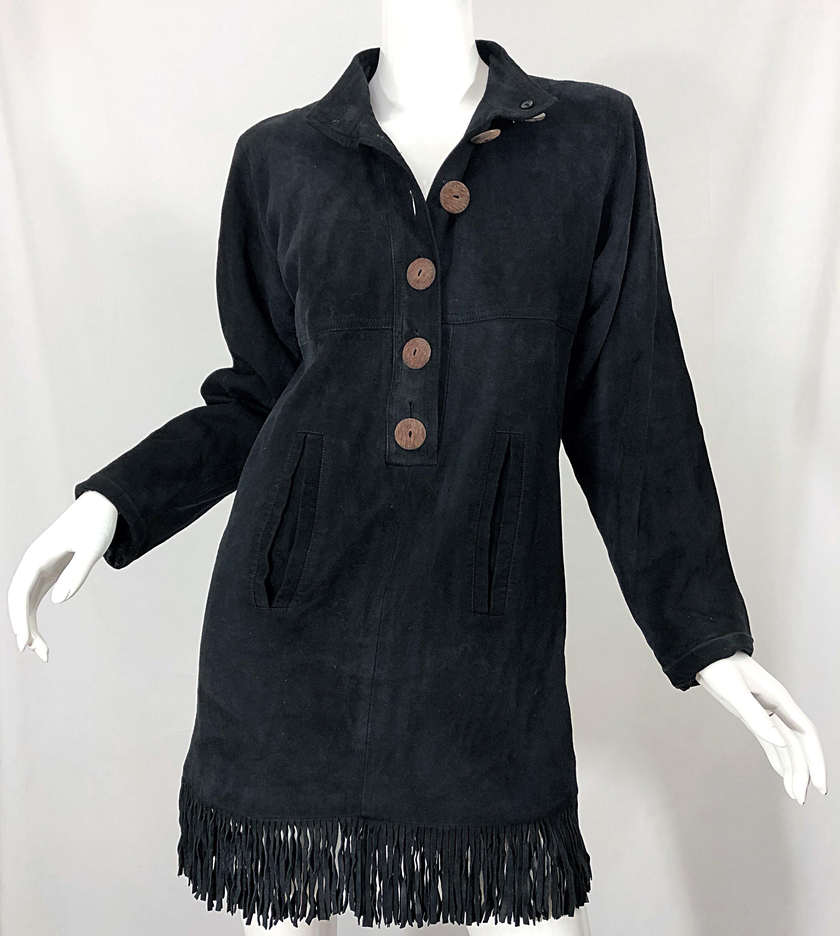 Vintage 90s Yves Saint Laurent YSL Black Suede Leather Fringe Nehru Tunic Dress In Excellent Condition For Sale In San Diego, CA