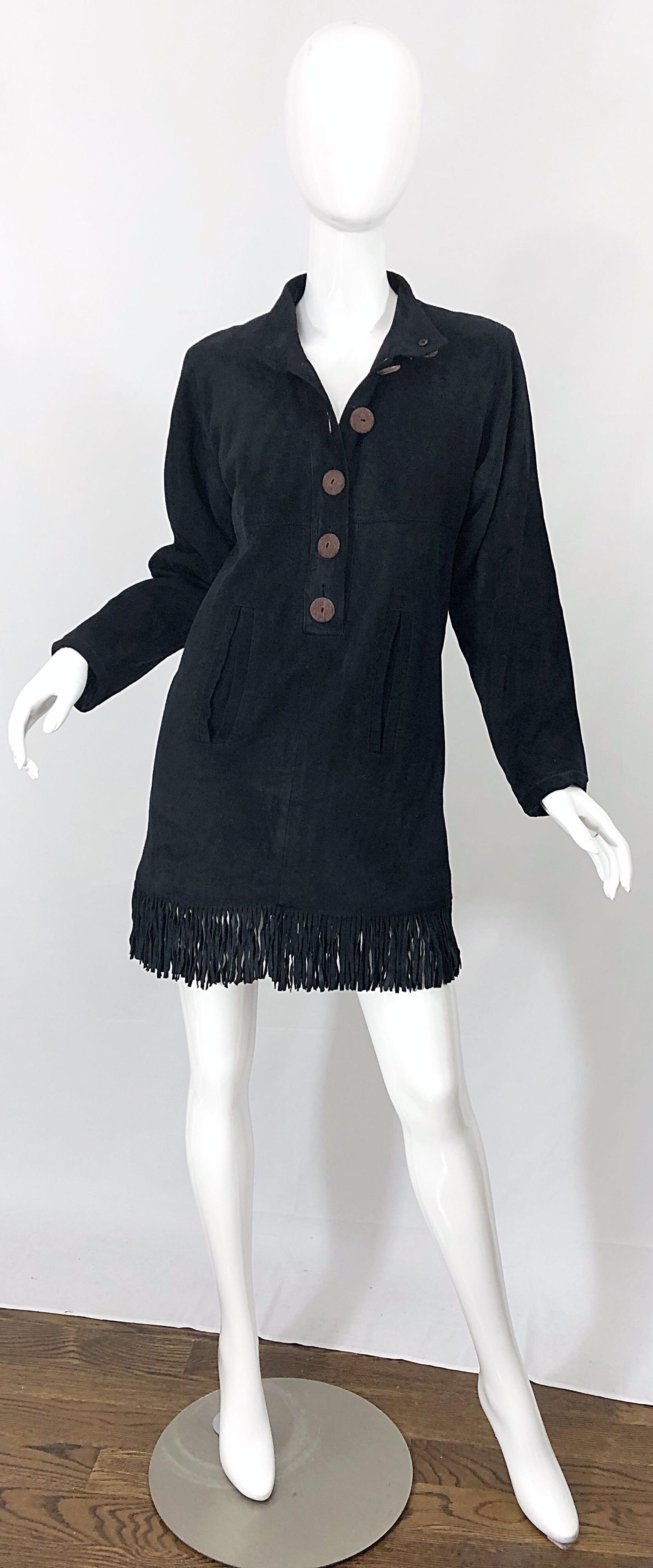 Women's Vintage 90s Yves Saint Laurent YSL Black Suede Leather Fringe Nehru Tunic Dress For Sale