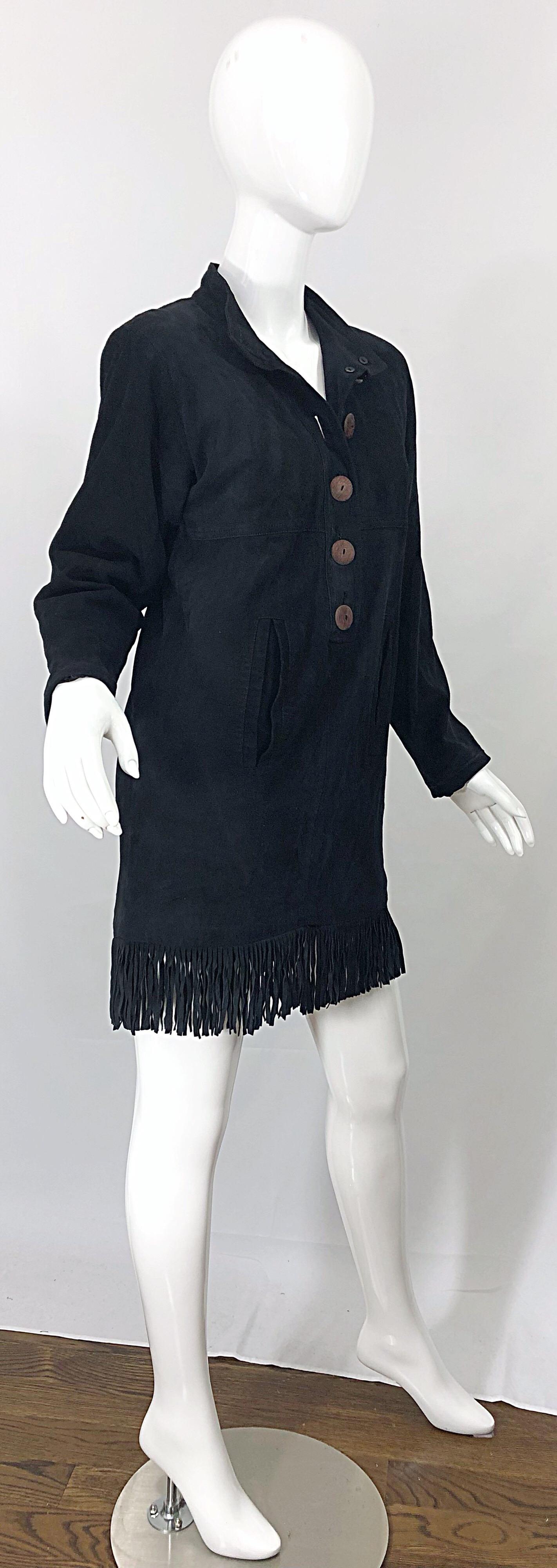 Vintage 90s Yves Saint Laurent YSL Black Suede Leather Fringe Nehru Tunic Dress For Sale 1
