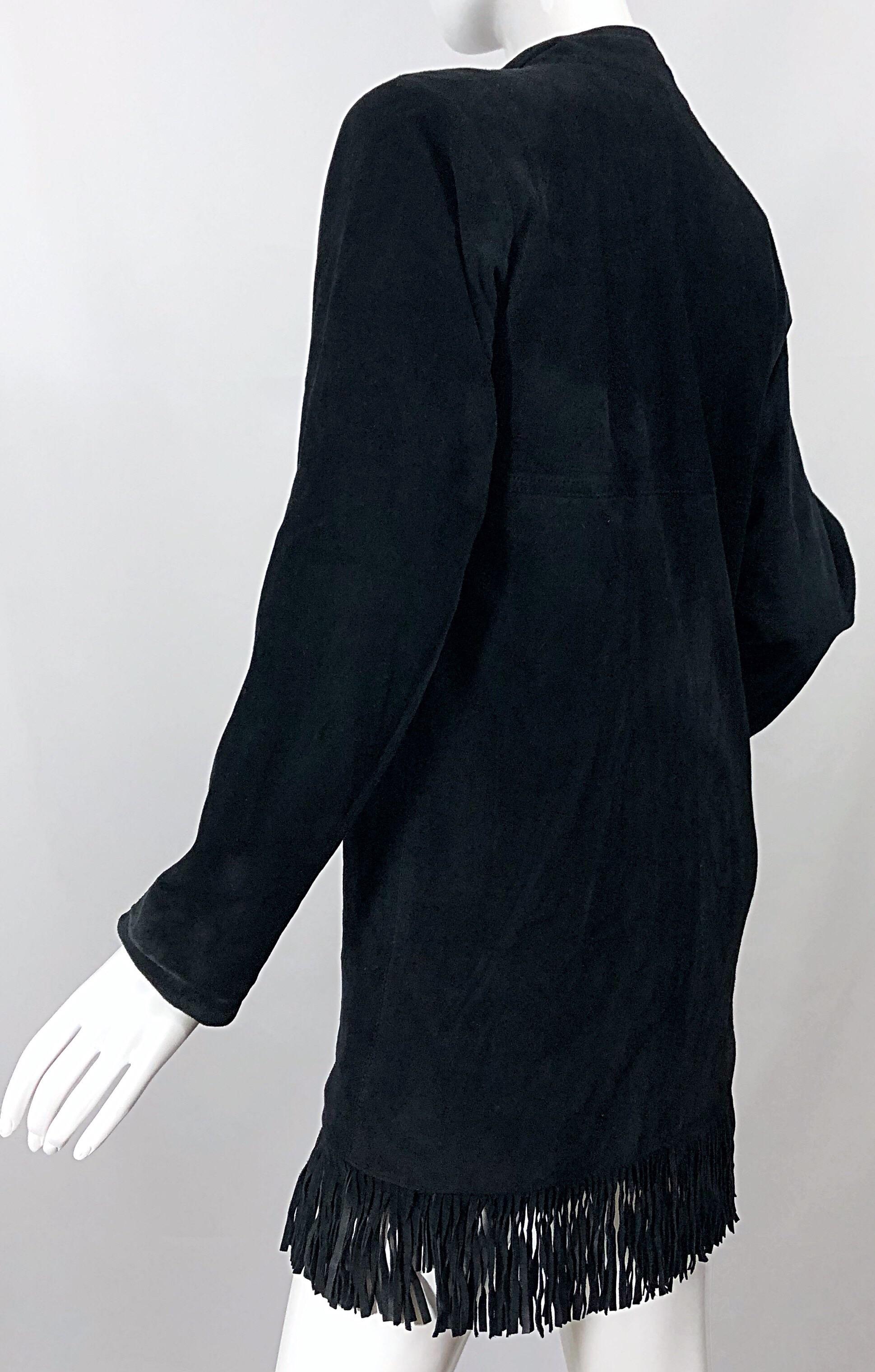 Vintage 90s Yves Saint Laurent YSL Black Suede Leather Fringe Nehru Tunic Dress For Sale 2