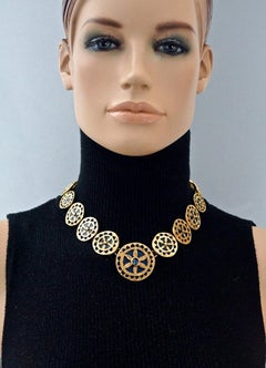 Vintage YVES SAINT LAURENT Ysl Blue Enamel Wheel Disc Cabochon Necklace