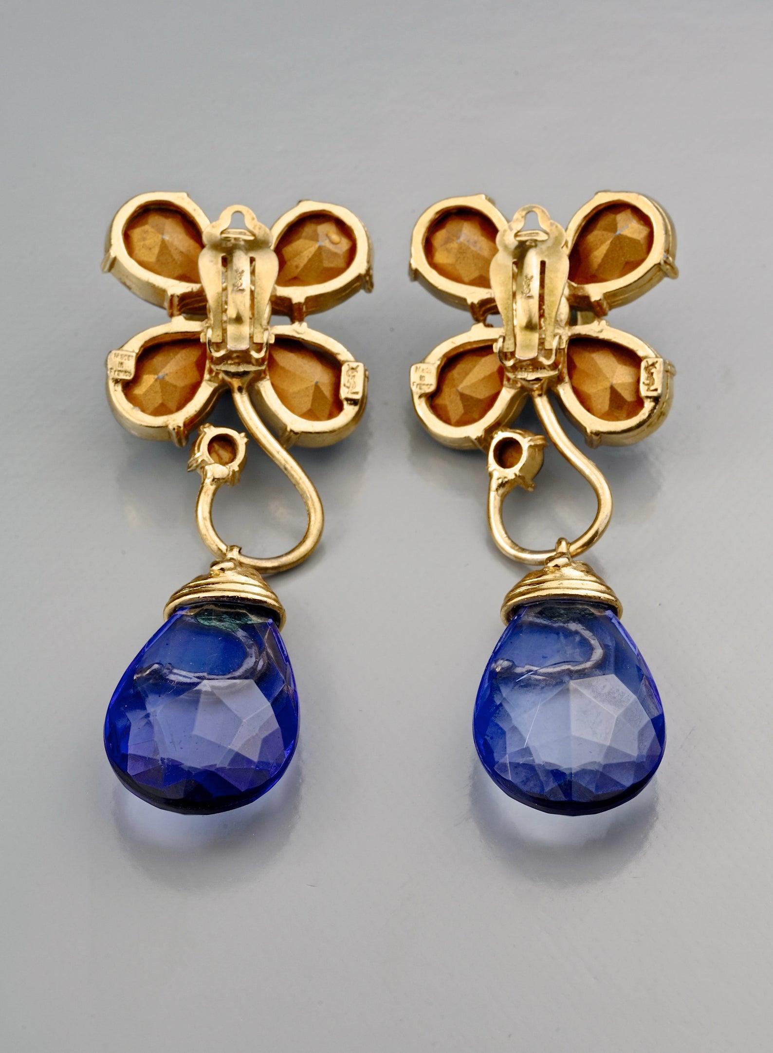 Vintage YVES SAINT LAURENT Ysl Blue Glass Flower Dangling Earrings 6