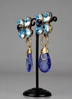 Vintage YVES SAINT LAURENT Ysl Blue Glass Flower Dangling Earrings