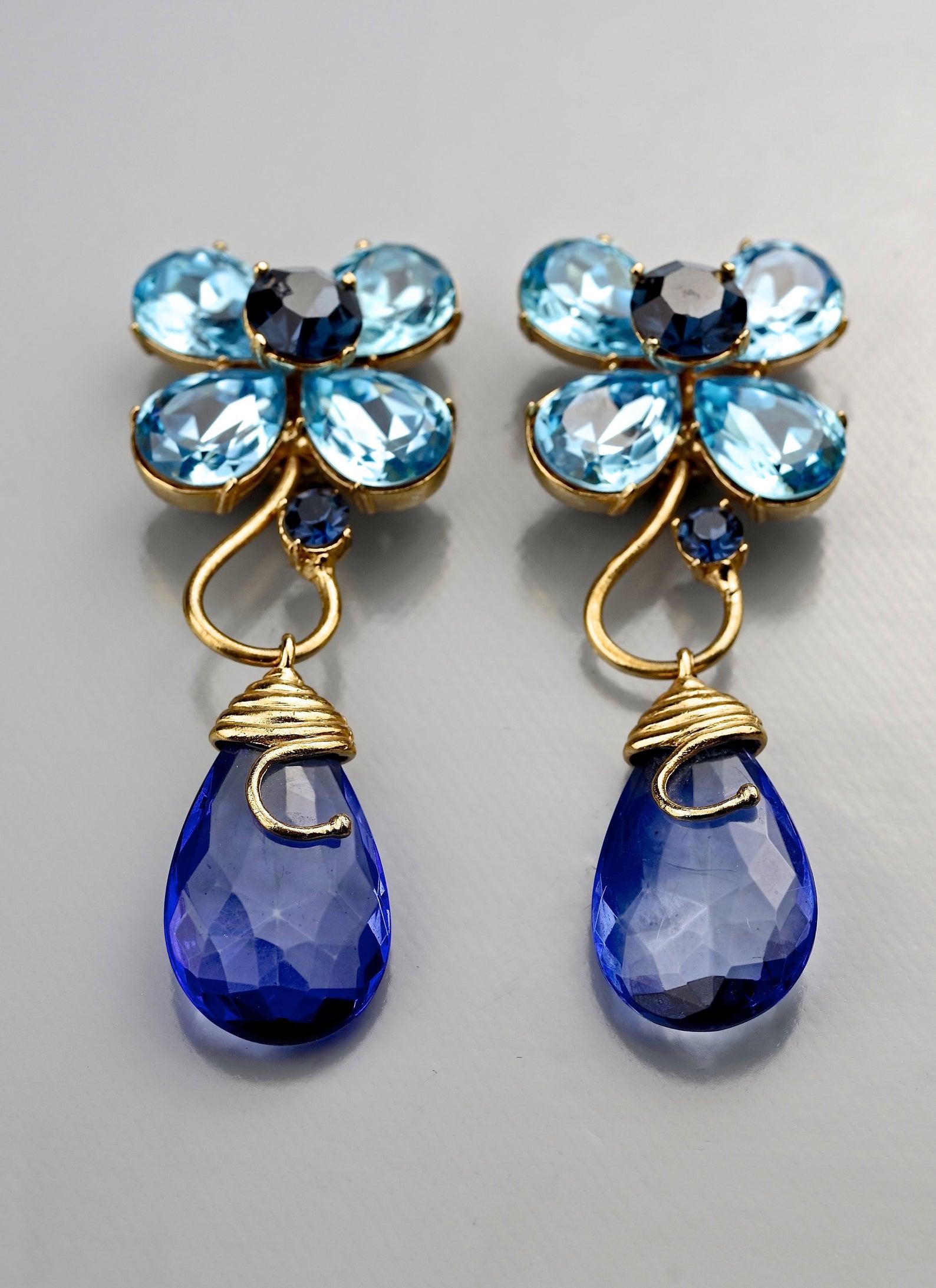 Vintage YVES SAINT LAURENT Ysl Blue Glass Flower Dangling Earrings Damen
