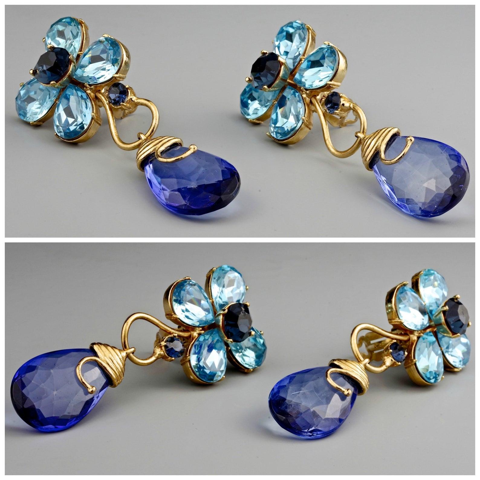 Vintage YVES SAINT LAURENT Ysl Blue Glass Flower Dangling Earrings 1