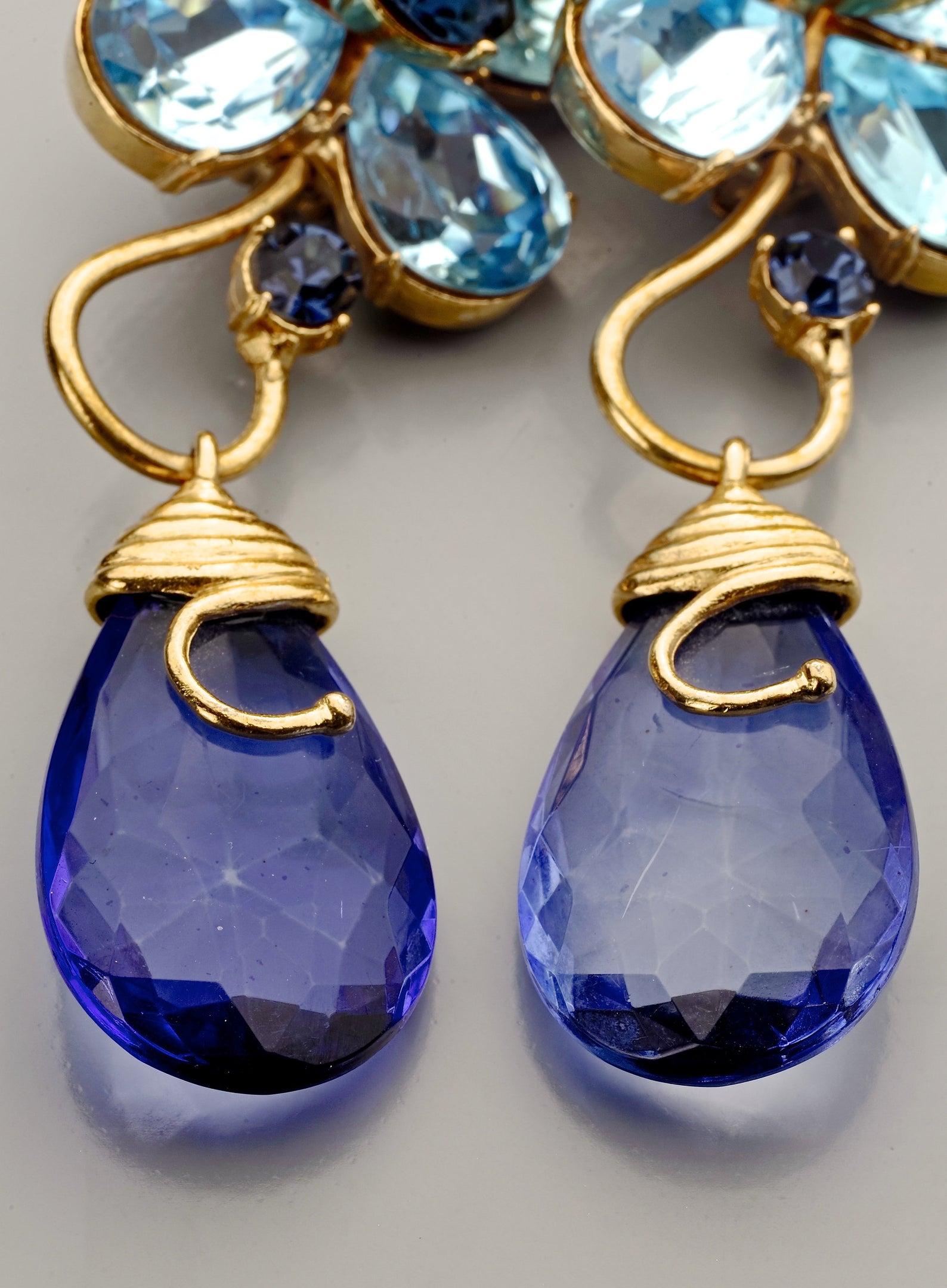 Vintage YVES SAINT LAURENT Ysl Blue Glass Flower Dangling Earrings 2