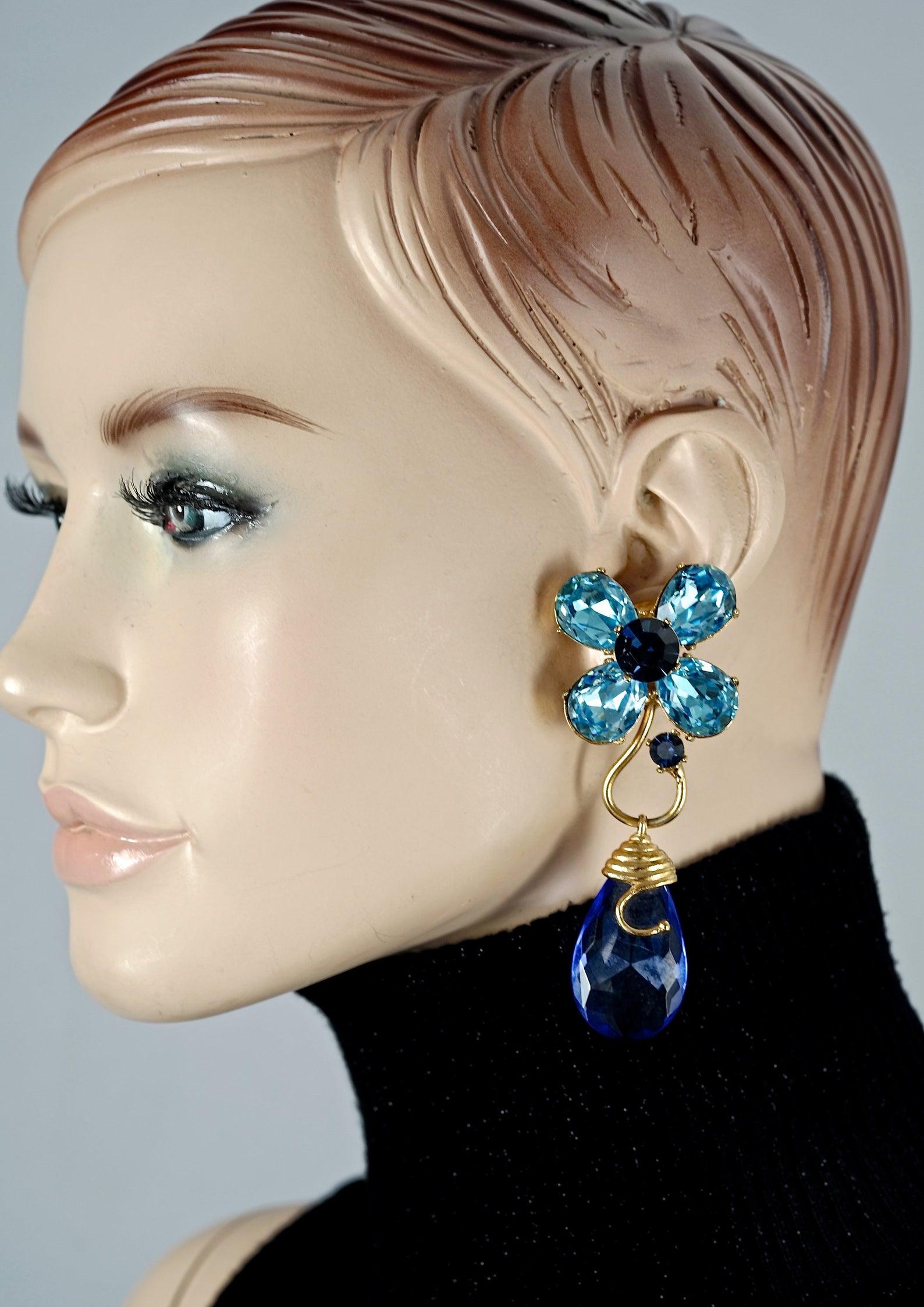 Vintage YVES SAINT LAURENT Ysl Blue Glass Flower Dangling Earrings 3