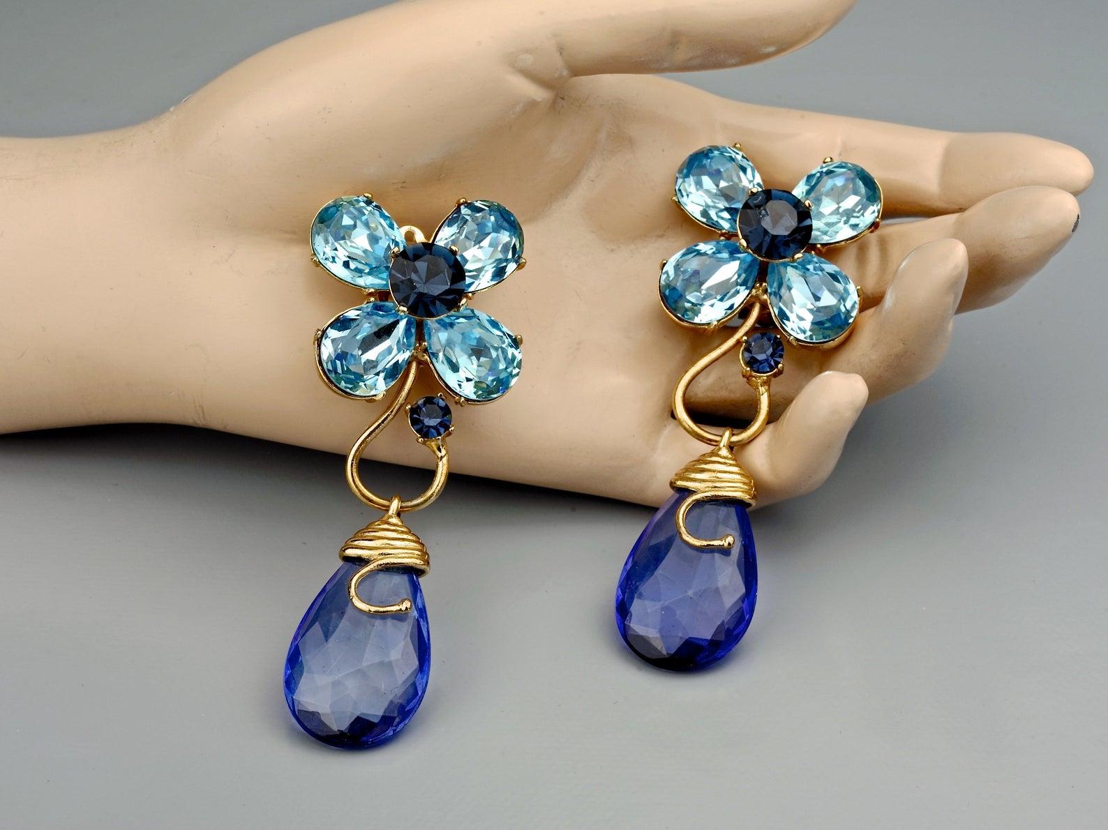 Vintage YVES SAINT LAURENT Ysl Blue Glass Flower Dangling Earrings 4
