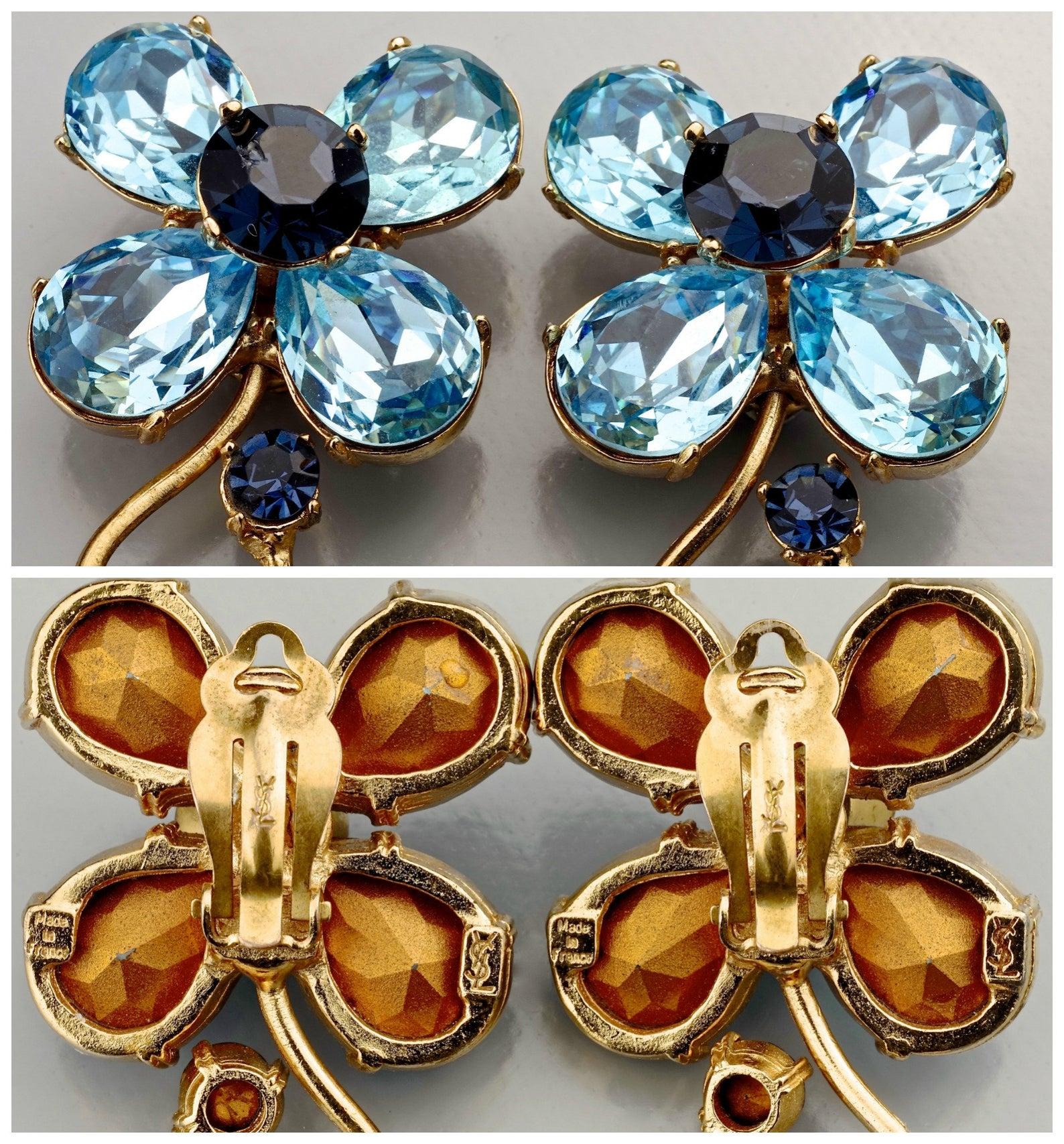Vintage YVES SAINT LAURENT Ysl Blue Glass Flower Dangling Earrings 5