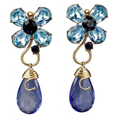 Vintage YVES SAINT LAURENT Ysl Blue Glass Flower Dangling Earrings