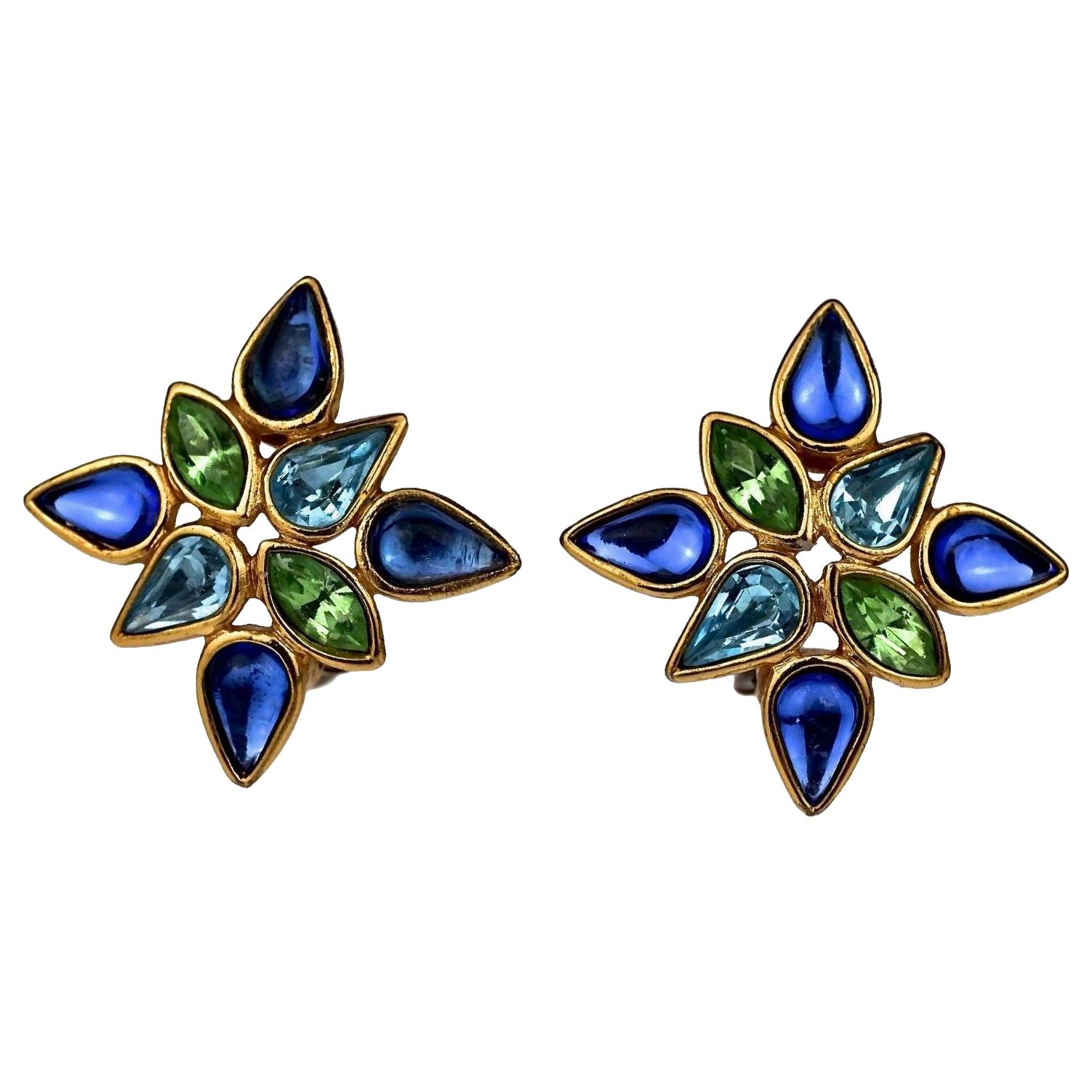 Vintage YVES SAINT LAURENT Ysl Blue Green Rhinestones Earrings For Sale