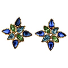 Vintage YVES SAINT LAURENT Ysl Blue Green Rhinestones Earrings