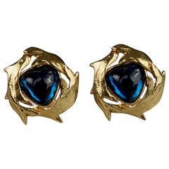 Vintage YVES SAINT LAURENT Ysl Blue Jeweled Branch Wreath Earrings