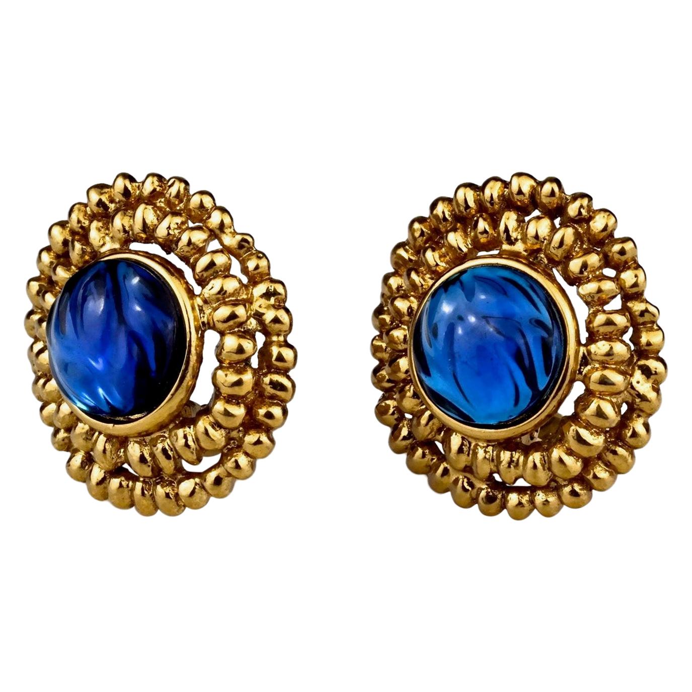 Vintage YVES SAINT LAURENT Ysl Blue Resin Poured Disc Earrings