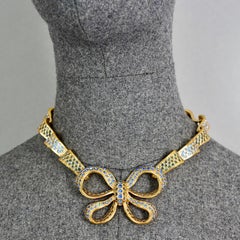 Vintage YVES SAINT LAURENT Ysl Blue Rhinestone Bow Ribbon Necklace