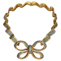 Vintage YVES SAINT LAURENT Ysl Blue Rhinestone Bow Ribbon Necklace