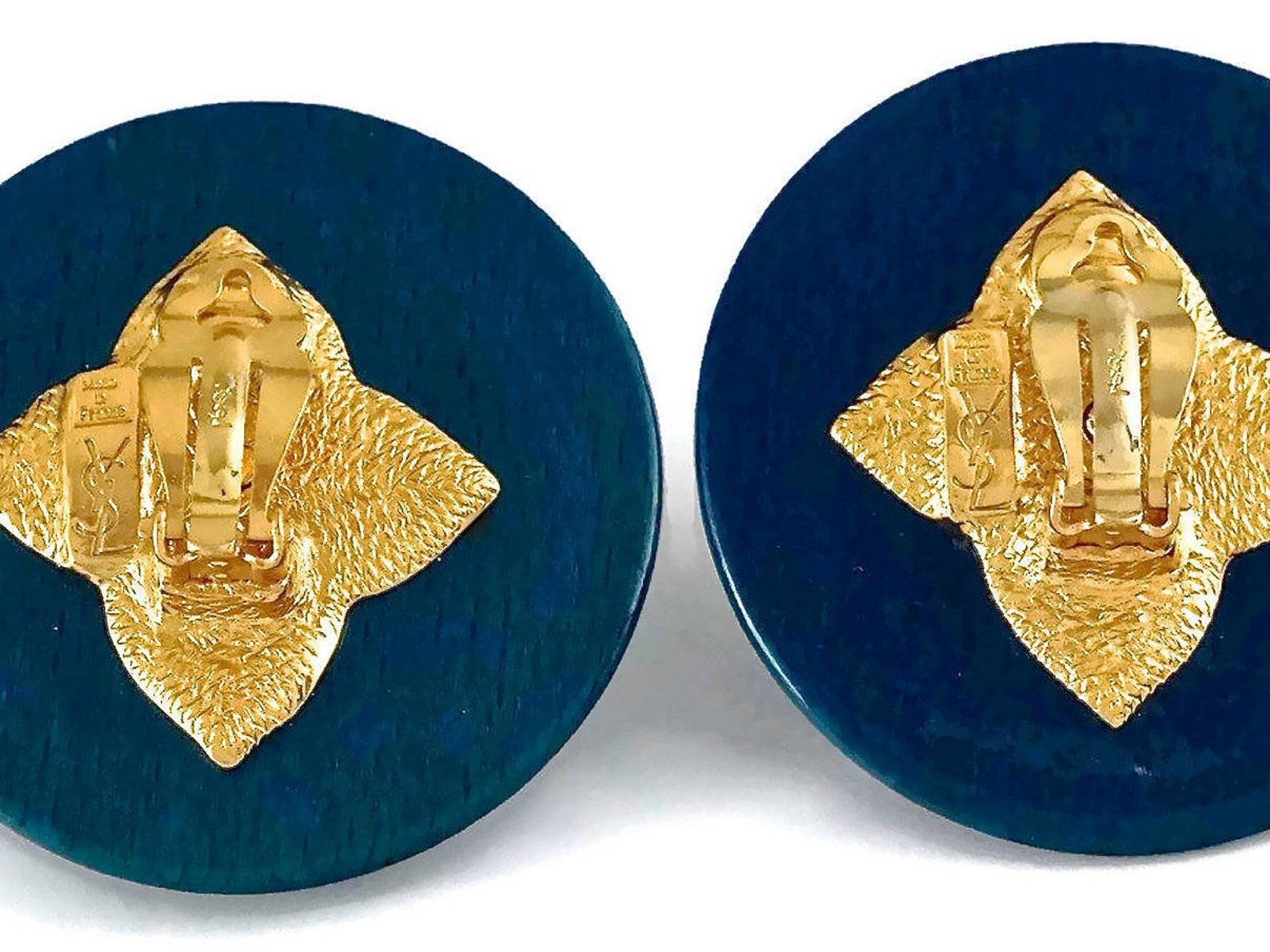 Vintage YVES SAINT LAURENT Ysl Blue Wood Textured Gilt Flower Earrings For Sale 6